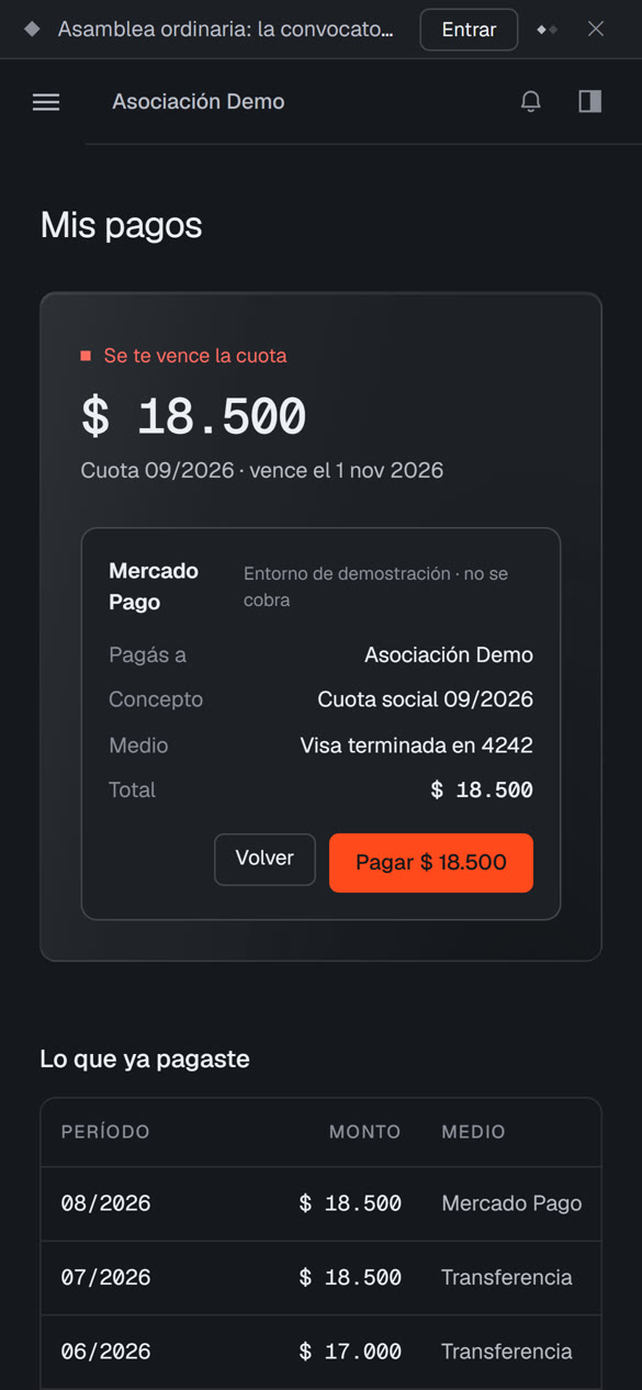 El socio paga su cuota desde el teléfono